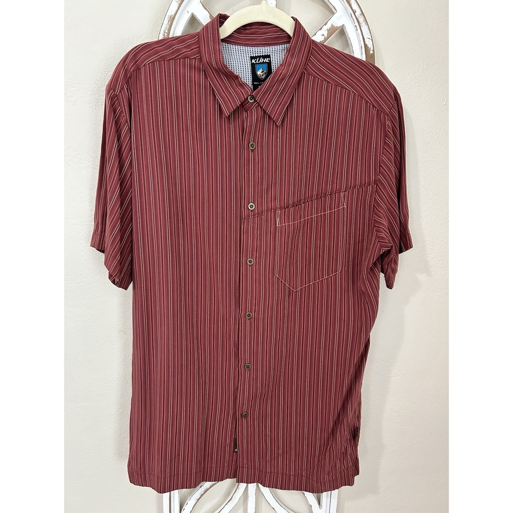 KUHL Size Large Red Striped Short Sleeve Mens Button Down Shirt *059
